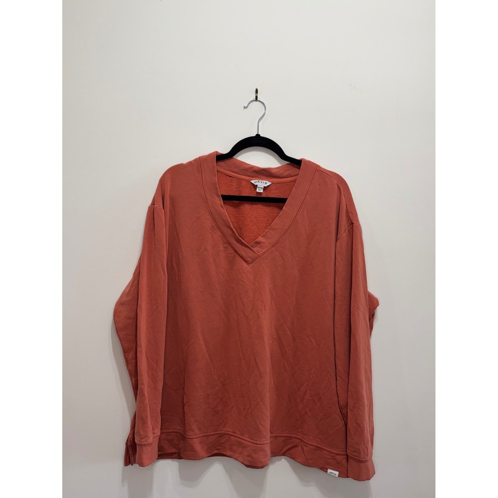 Orvis Womens V Neck Sweatshirt Terracotta Orange French Terry Pullover Top XL